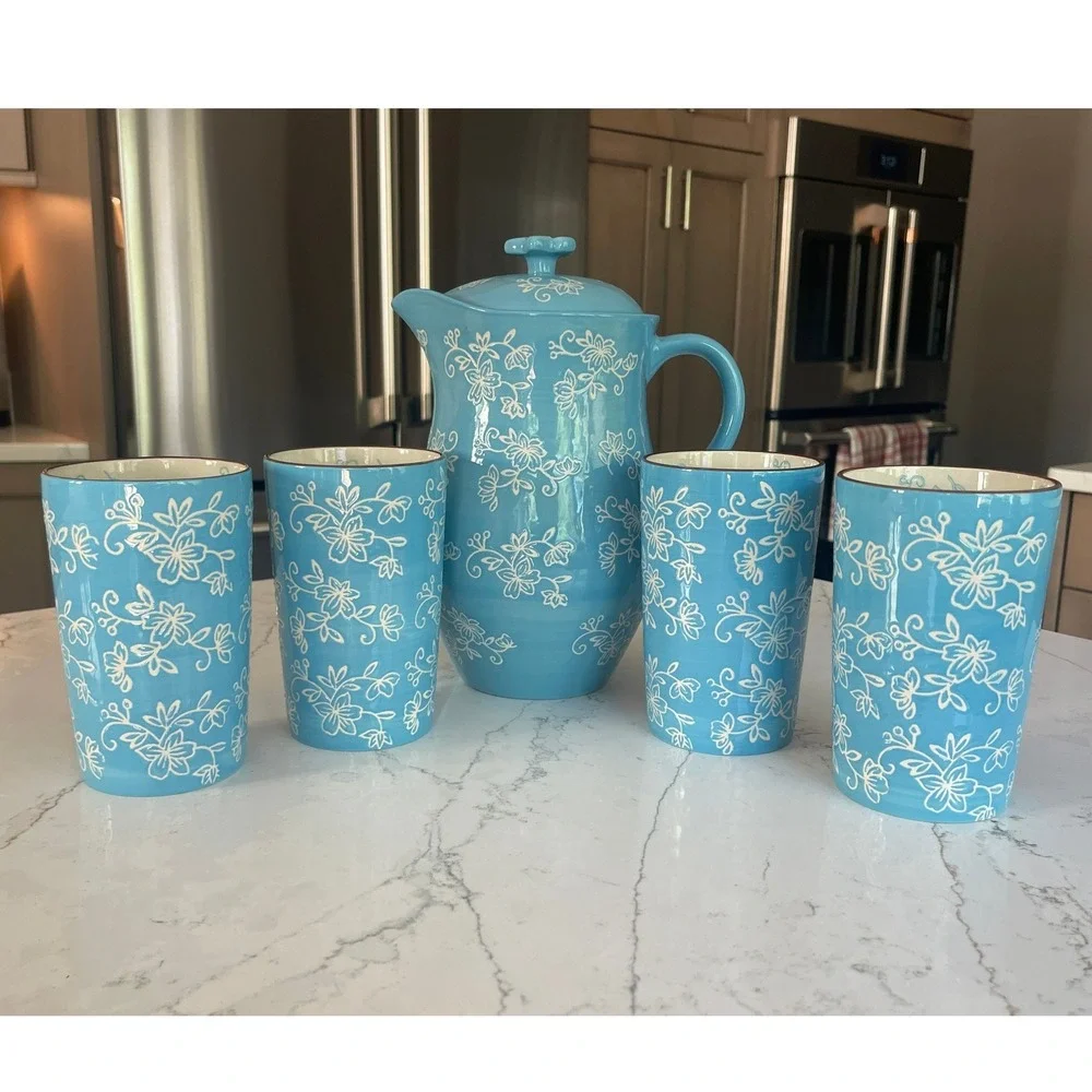 Temp-tations Floral Lace 5pc Ceramic 2qt Pitcher and 16oz Tumbler Set Sky Blue